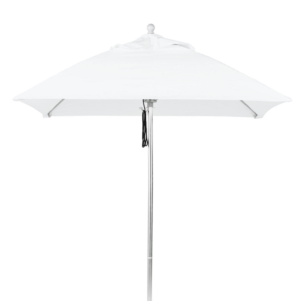 The Premium In Pool Umbrella by AquaOutdoors features a sleek white design with a silver metal pole, crafted from durable acrylic fabric. Its looped tie secures the umbrella when closed, making it ideal for shading a tanning ledge or any patio setup against a crisp white backdrop.
