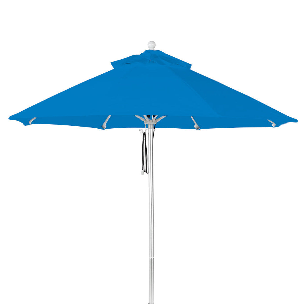 AquaOutdoors Premium In Pool Umbrella, featuring a blue round acrylic canopy and metal pole, is shown against a white background. Open to reveal its eight evenly spaced ribs and crank mechanism, its ideal for shading patios or tanning ledges.