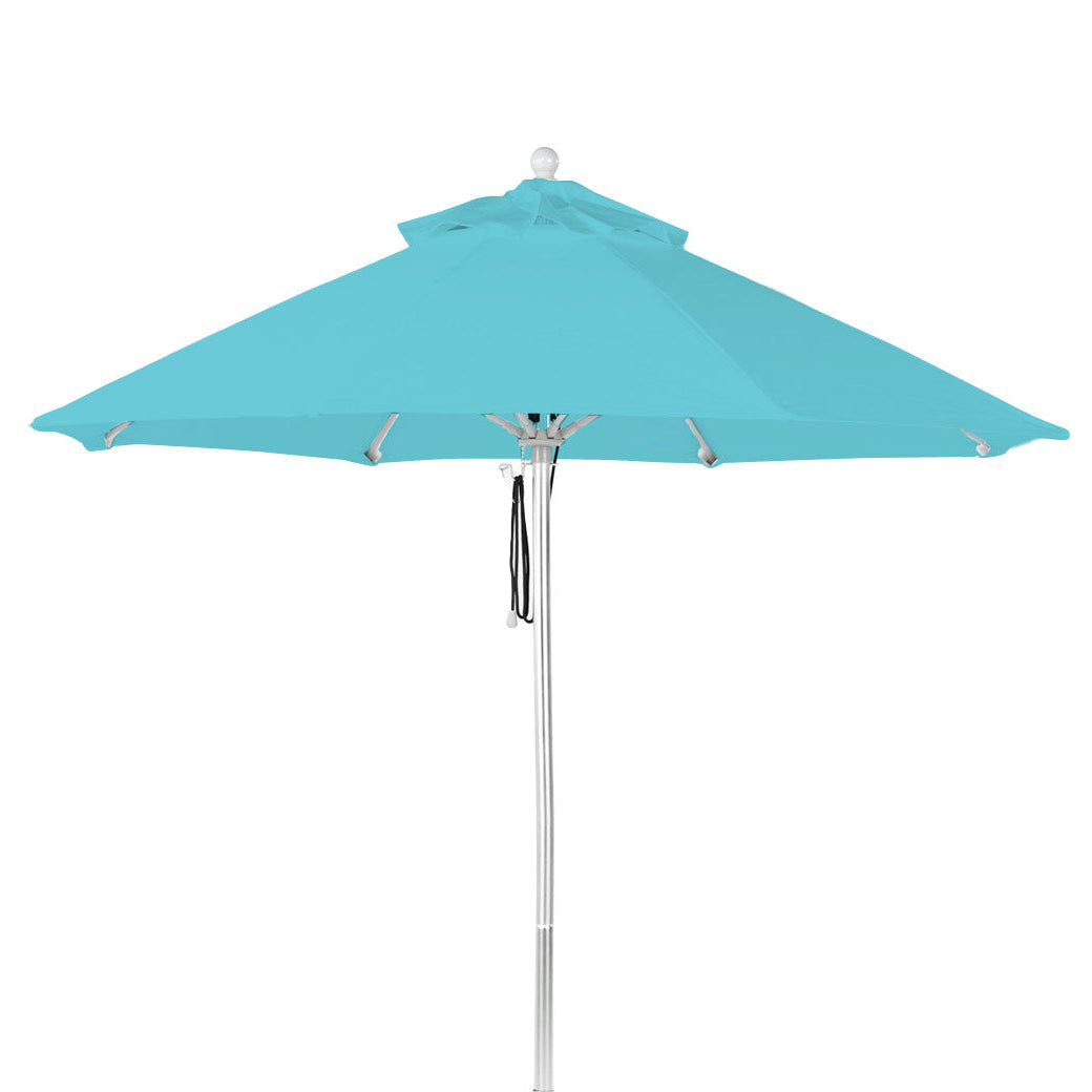 The AquaOutdoors Premium In Pool Umbrella features a light blue, wide circular acrylic canopy with a small finial on top and a silver pole, adding elegance to any tanning ledge setting.