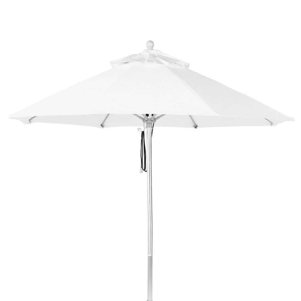 The AquaOutdoors Premium In Pool Umbrella boasts an elegant design with a white canopy and sleek silver pole, perfect for patios or tanning ledges. Made from durable acrylic fabric, it showcases a full canopy with a graceful black cord at the top.