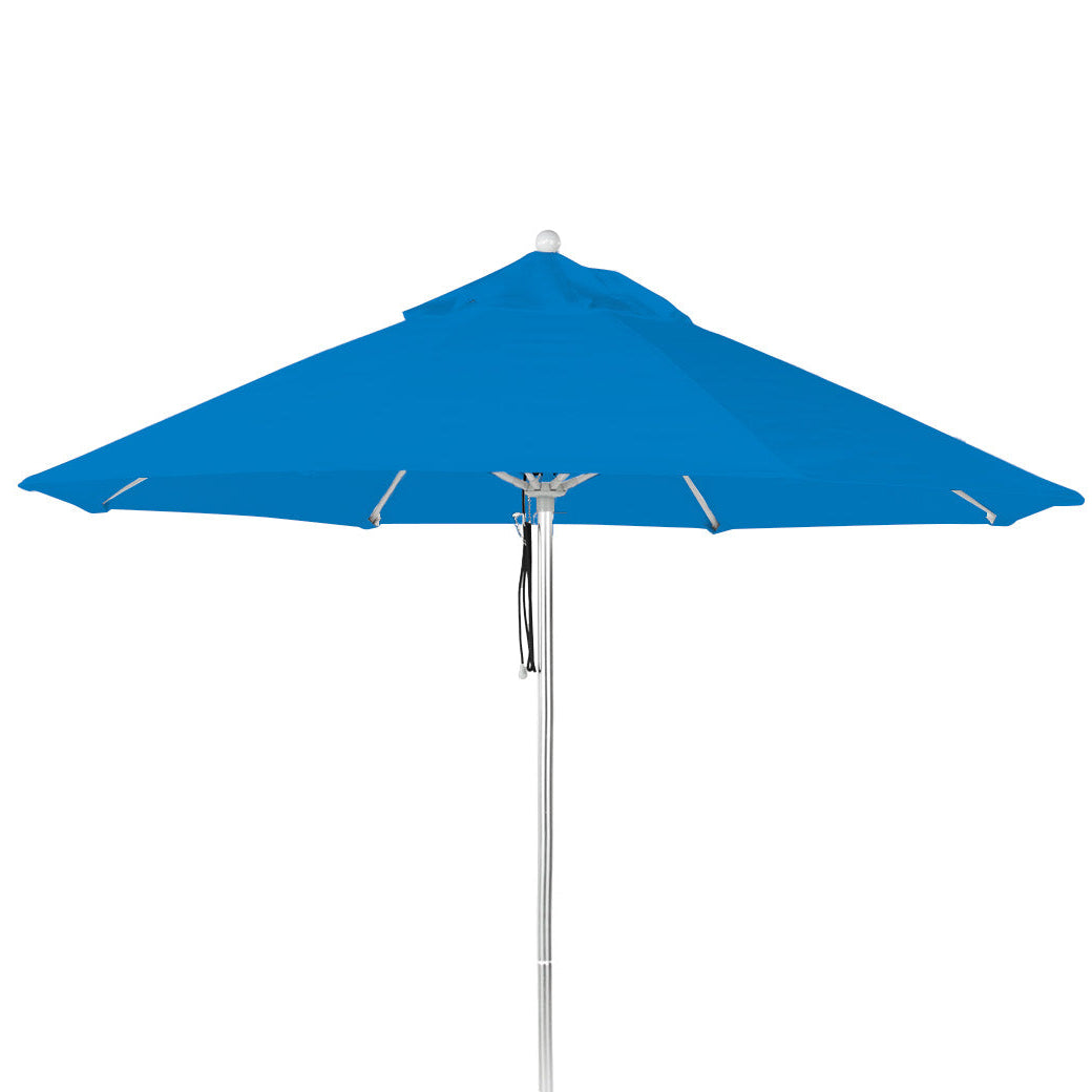 The AquaOutdoors Premium In Pool Umbrella, featuring durable blue acrylic fabric and a sleek silver pole, is perfectly displayed against a white background. It adds style and shade to any patio or tanning ledge.