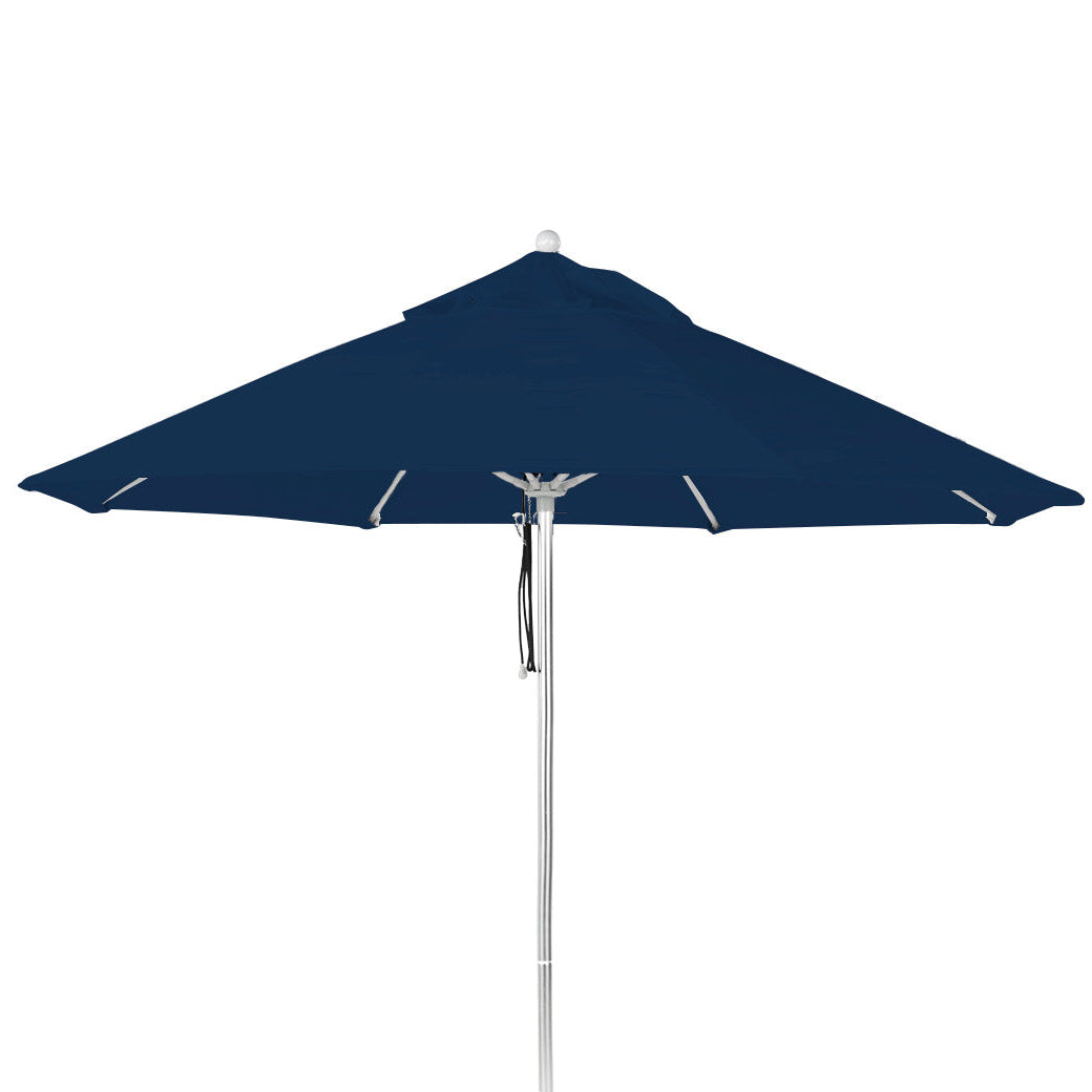 The AquaOutdoors Premium In Pool Umbrella features a circular blue canopy made from durable acrylic fabric, supported by a silver pole and multiple ribs, making it ideal for outdoor use on the tanning ledge.