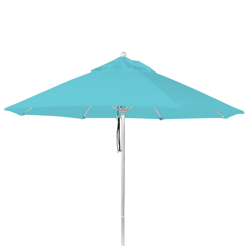 The Premium In Pool Umbrella by AquaOutdoors is a turquoise, conically shaped outdoor umbrella with a silver pole and durable acrylic fabric. Its ideal for tanning ledges, providing substantial shade coverage when fully open.