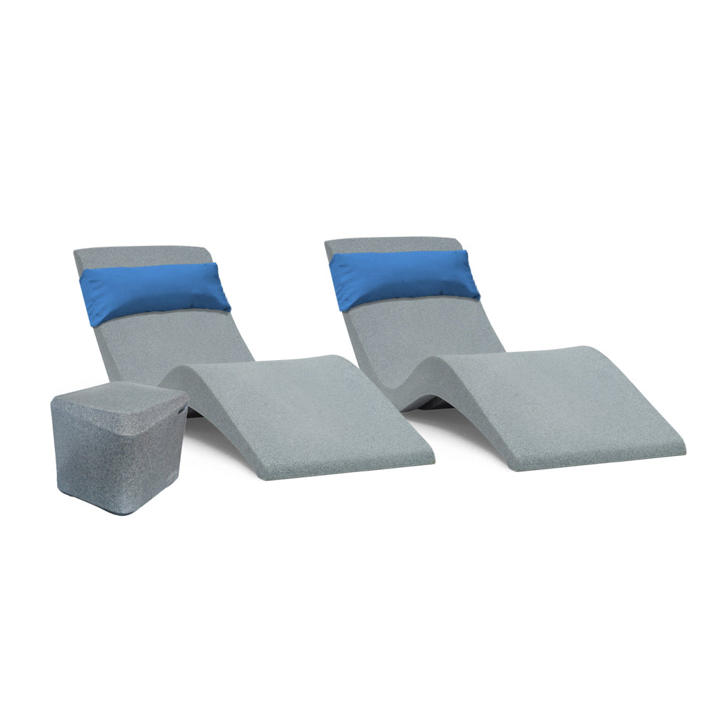 Two gray AquaOutdoors Pool Lounge Chairs with blue backrest cushions feature a wave-like design, complemented by a matching gray cube side table. They all rest on a crisp white background, evoking the aesthetic of an Aqua Bundle.