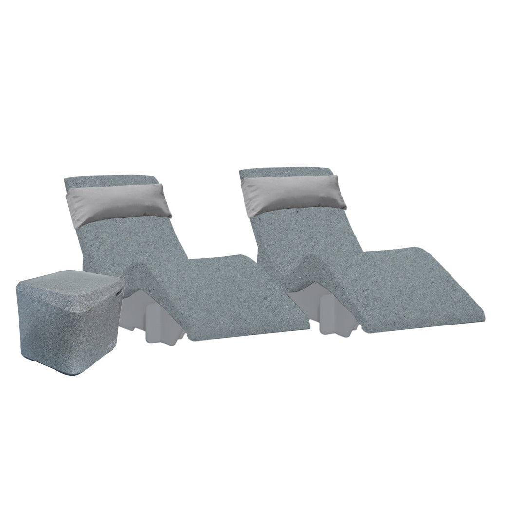 The Chaise Deep Ledge Bundle by AquaOutdoors includes two modern gray chaise loungers with silver cushions and a matching square side table, ideal for outdoor use. This sleek and minimalist set is perfect for relaxing on a tanning shelf.