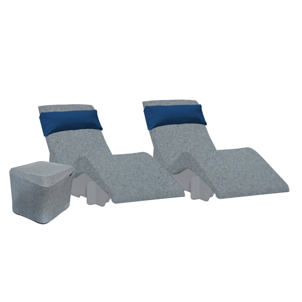 The AquaOutdoors Chaise Deep Ledge Bundle features two gray reclining chaise loungers with blue cushions and a matching gray cube-shaped side table, set against a white background—perfect for your tanning shelf.
