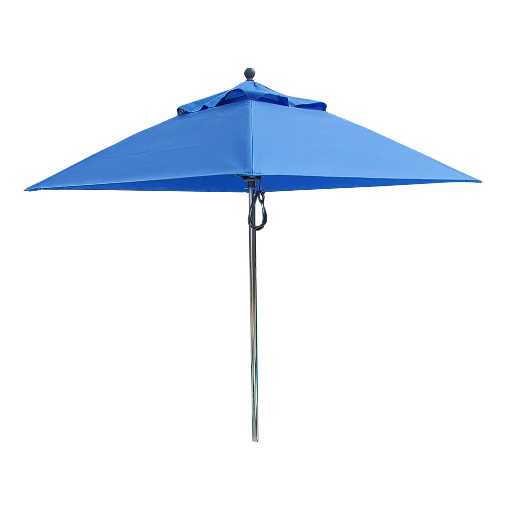 The AquaOutdoors Premium In Pool Umbrella features a large, classic square shape with a blue acrylic fabric canopy and sturdy metal pole, designed for outdoor use.