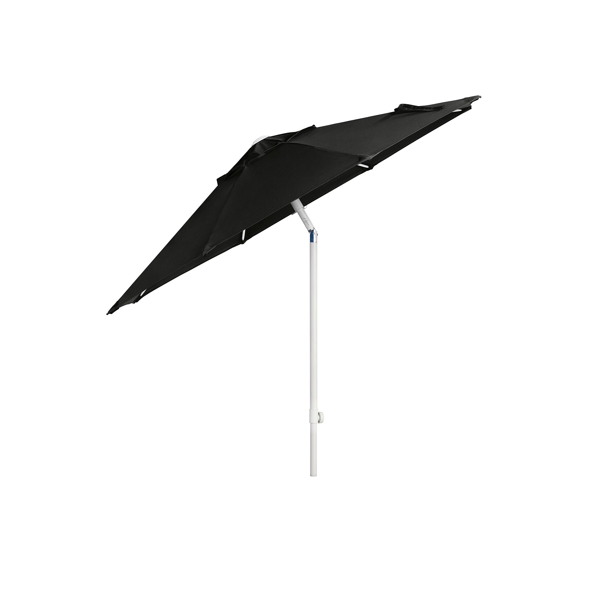 The AquaOutdoors EZ-Tilt In Pool Umbrella features a tilted design with a black octagonal canopy supported by a white aluminum pole, offering easy adjustment through the EZ Tilt mechanism.