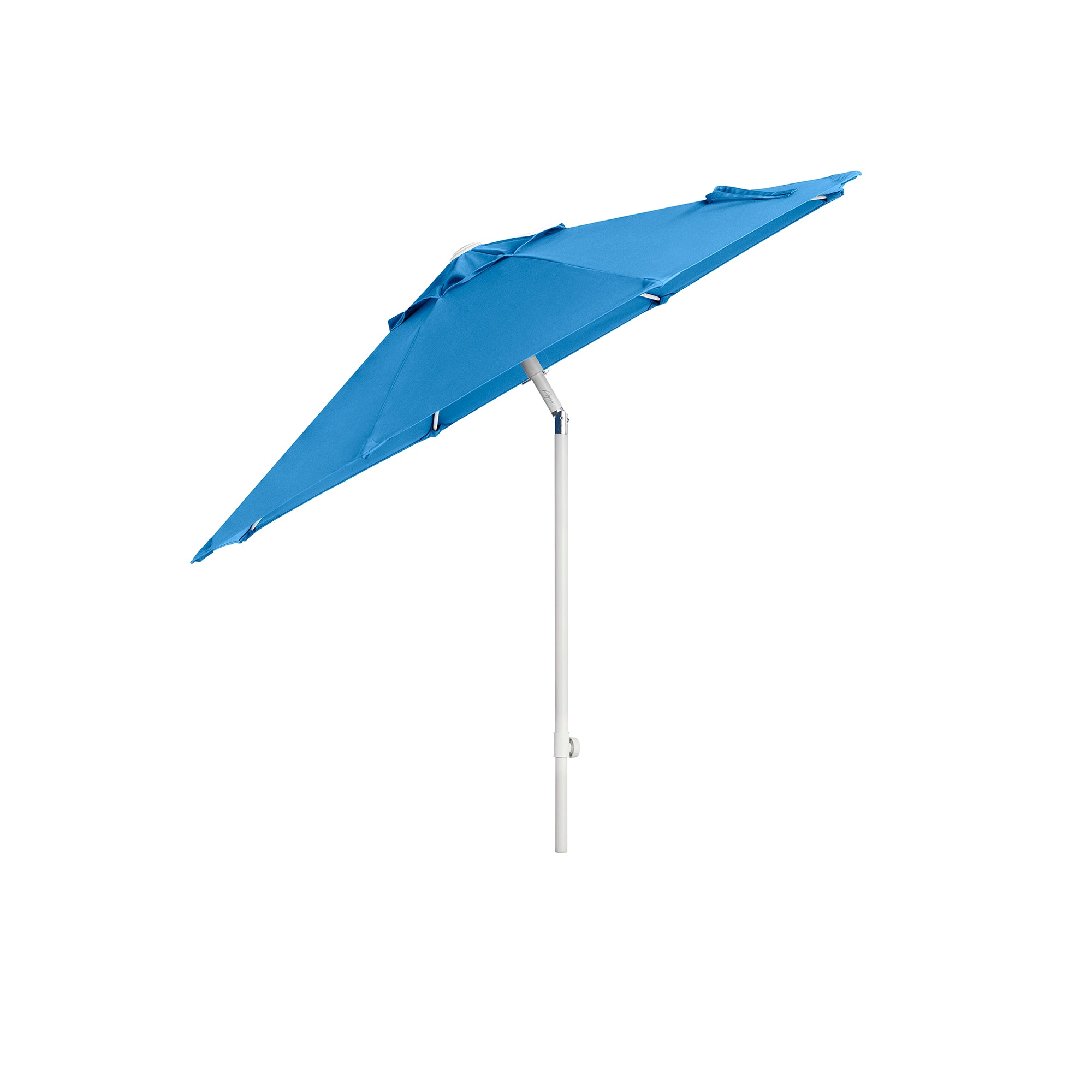 The AquaOutdoors EZ-Tilt In Pool Umbrella, featuring a blue canopy and aluminum pole, is open and tilted to one side against a white background—ideal to pair with your Aqua Chair for the ultimate tilt-and-chill experience.