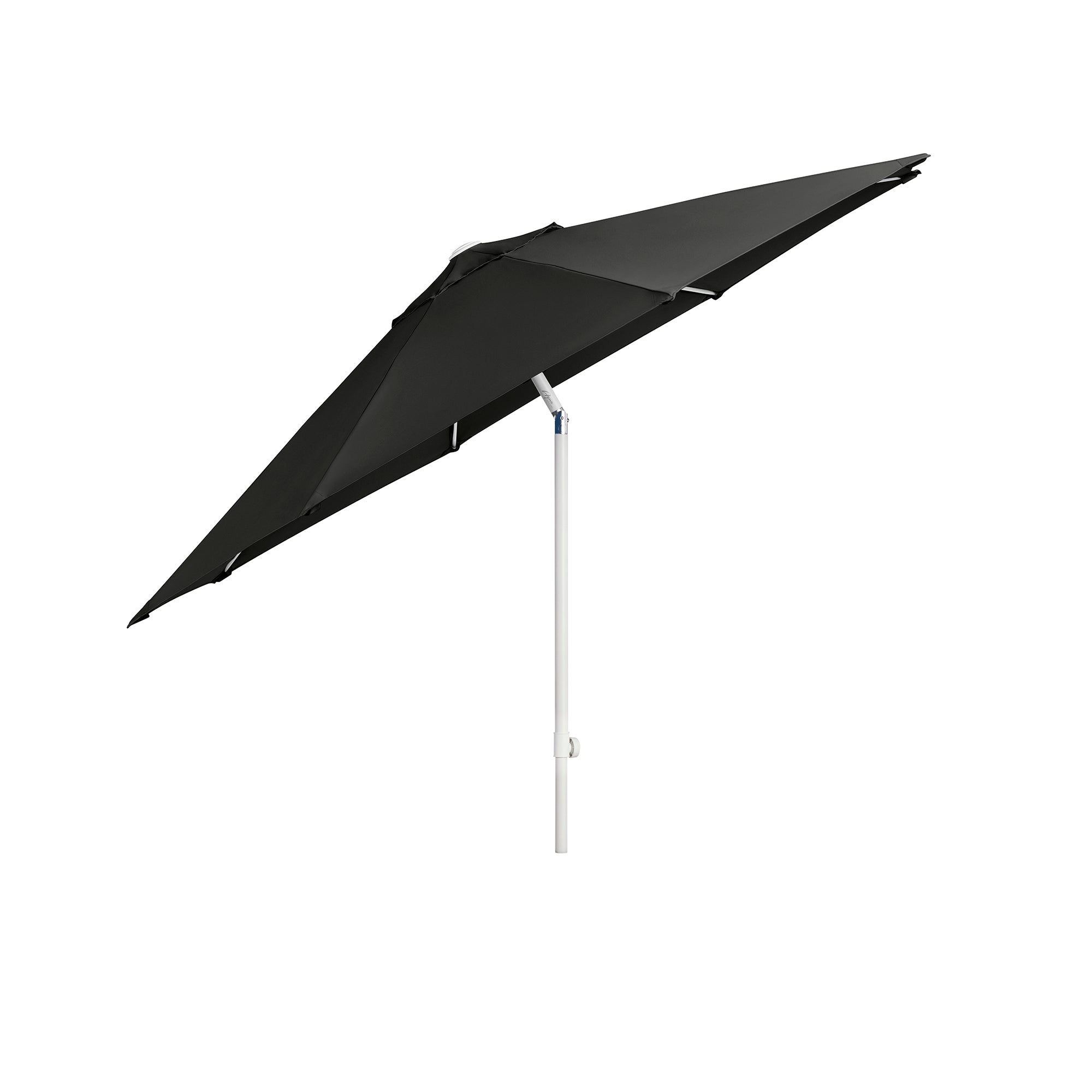 The AquaOutdoors EZ-Tilt In Pool Umbrella, featuring a durable black canopy and sleek aluminum pole, stands upright against a plain white background, providing ample patio shade.