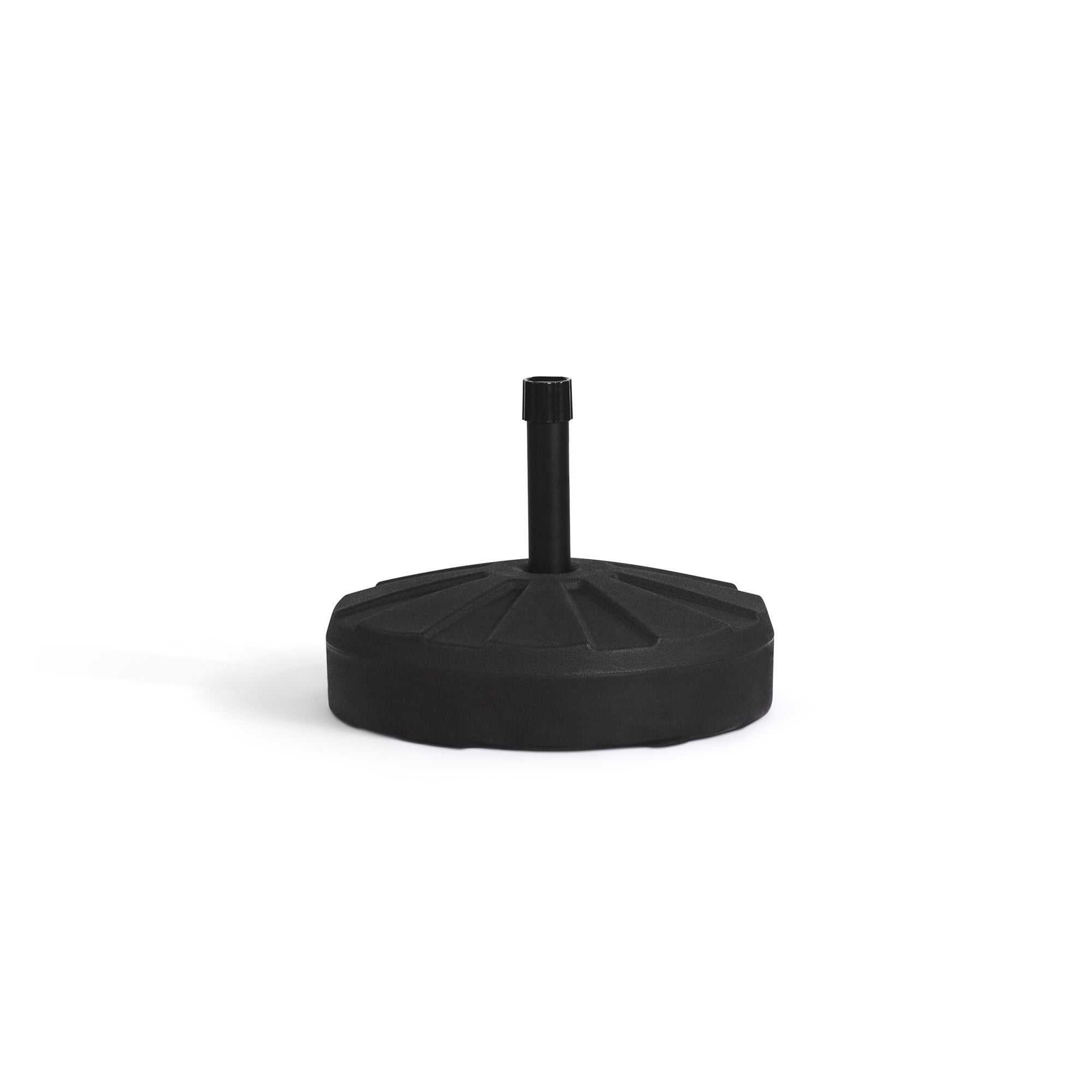The Aqua Outdoors Patio Umbrella Base is a black, round base with a central vertical pole holder, designed to fit various umbrella sizes and provide stable support for your patio umbrella. Set against a plain white background.