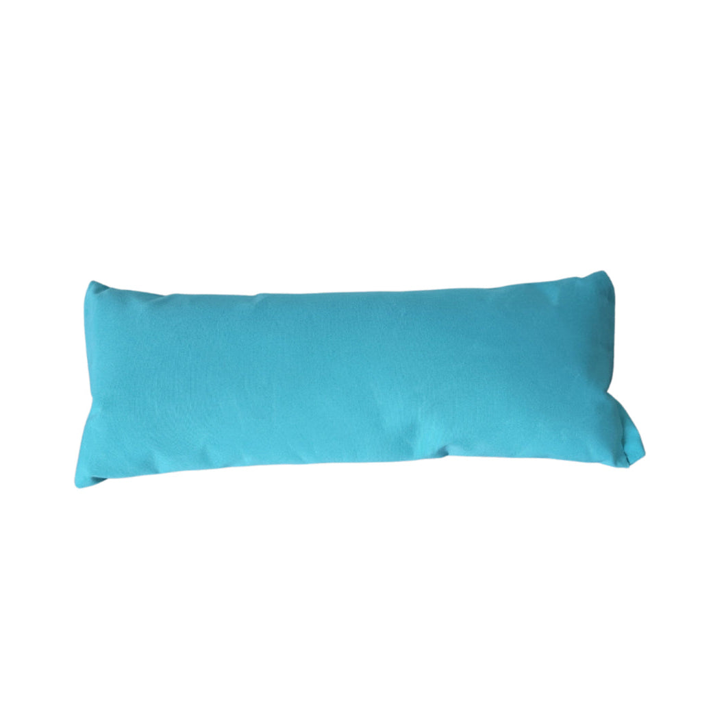 The Chaise Lounge Pillow by AquaOutdoors is a rectangular turquoise outdoor fabric pillow with a smooth texture, depicted on a plain white background, ideal for use as a stylish headrest.