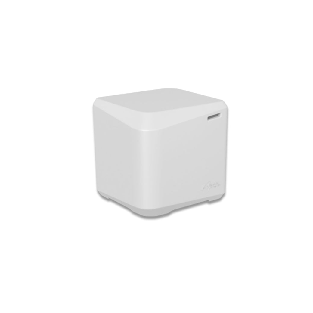 A white, cube-shaped AquaOutdoors In Pool Table features rounded edges and a small top-right slot, resembling a stylish pool lounge chair. Its plain white background accentuates the minimalist design, similar to an inviting aqua pool shelf table.