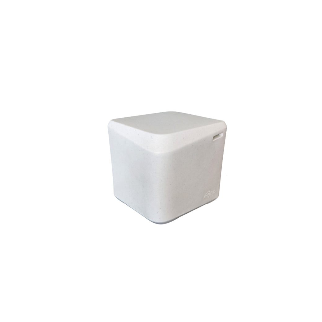 A compact, smooth white cube device with rounded edges rests centrally on a white background, resembling the ideal accessory for an AquaOutdoors In Pool Table.