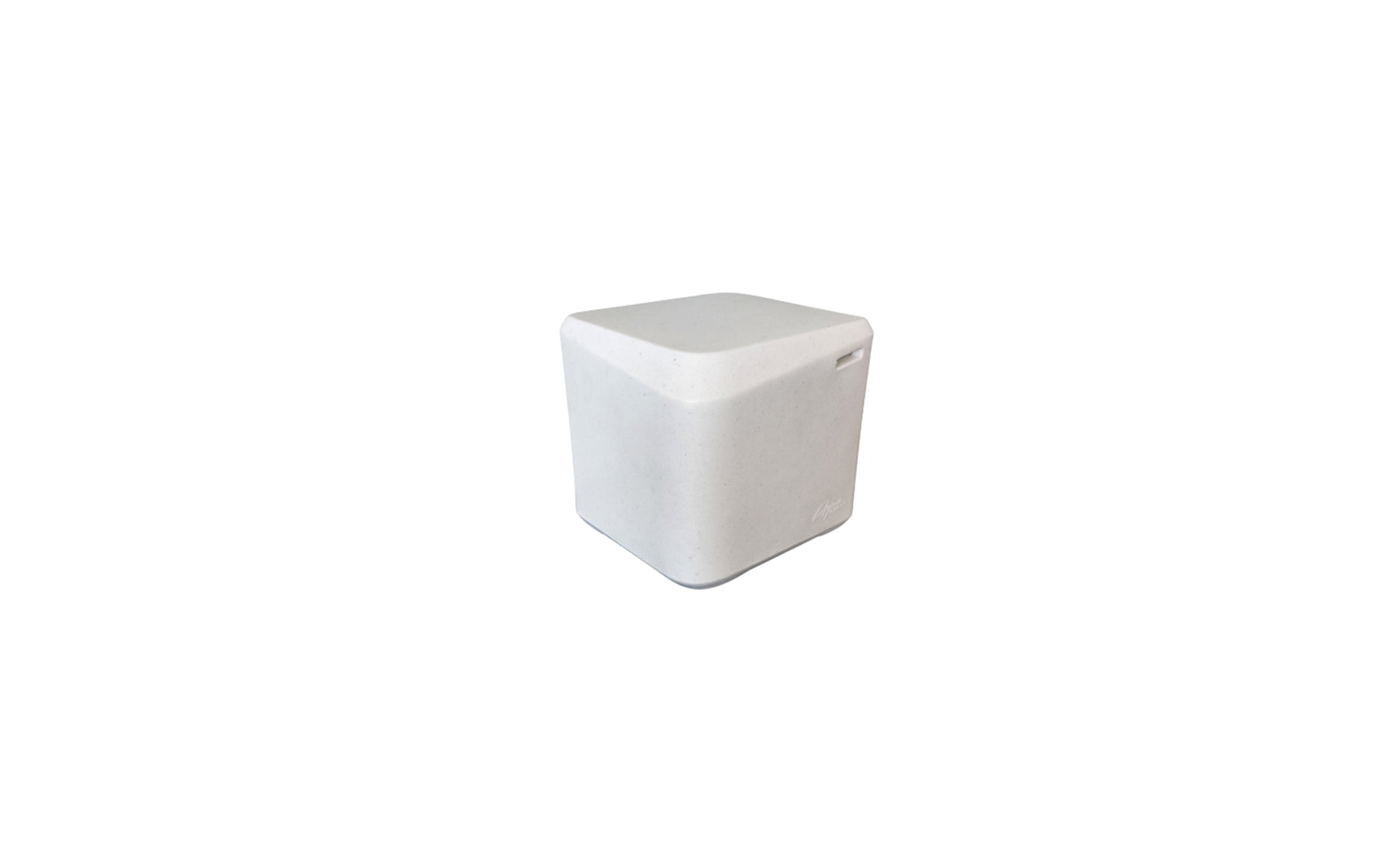 A compact, smooth white cube device with rounded edges rests centrally on a white background, resembling the ideal accessory for an AquaOutdoors In Pool Table.
