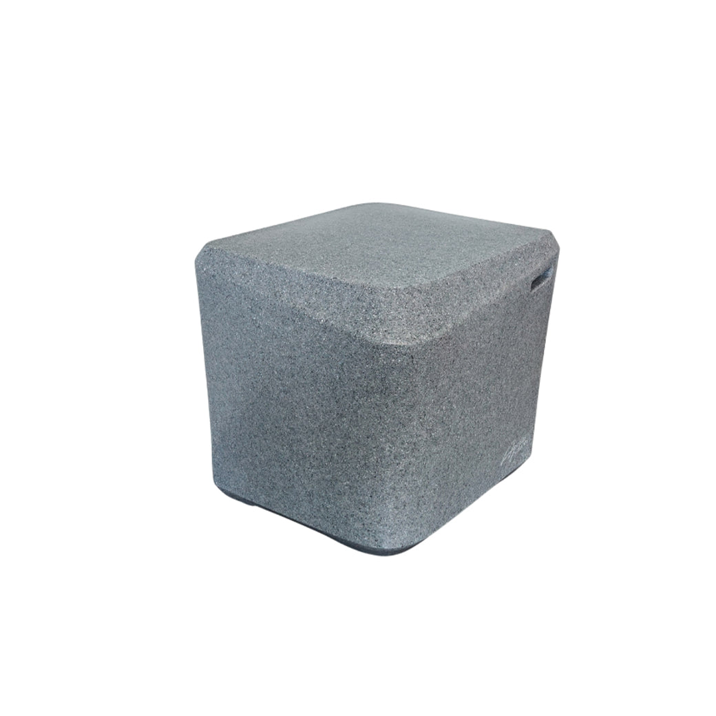 A gray fabric cube ottoman with rounded edges is set against a white background, perfectly complementing the AquaOutdoors In Pool Table for a seamless blend of style and function.