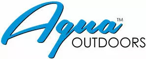Logo with the word Aqua in bold blue script and OUTDOORS in black capital letters on a white background.