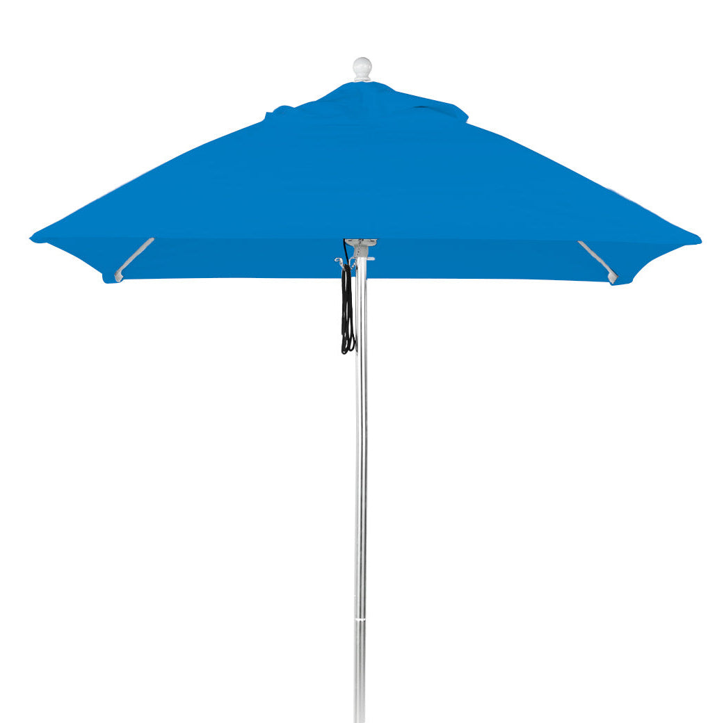 The Premium In Pool Umbrella by AquaOutdoors is viewed from the side, featuring a blue triangular top with a rounded cap and visible support ribs beneath the acrylic fabric, all supported by a silver pole. Ideal for lounging on a tanning ledge.