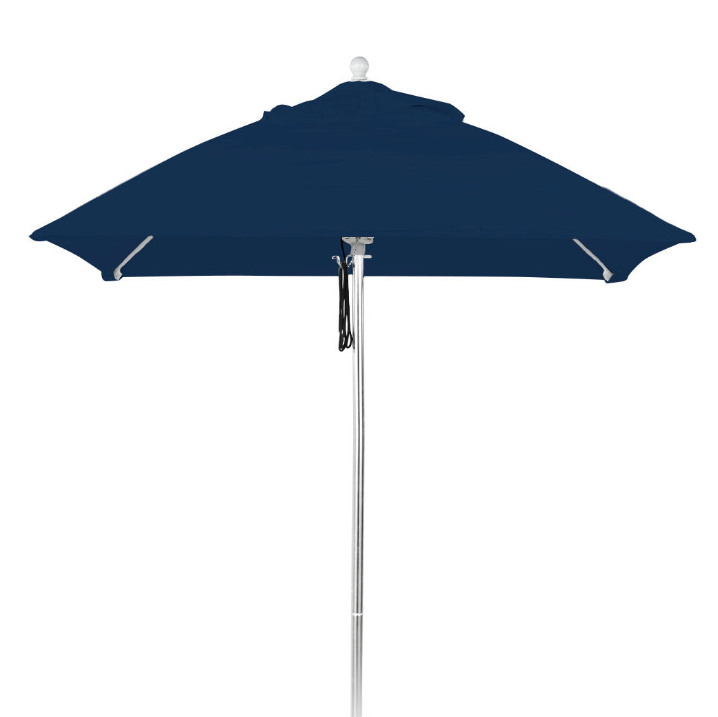 The AquaOutdoors Premium In Pool Umbrella, seen from the side, is a dark blue outdoor umbrella with a metal pole made from durable acrylic fabric. Fully opened, it provides ample shade for your tanning ledge and features a small finial on top for added elegance.
