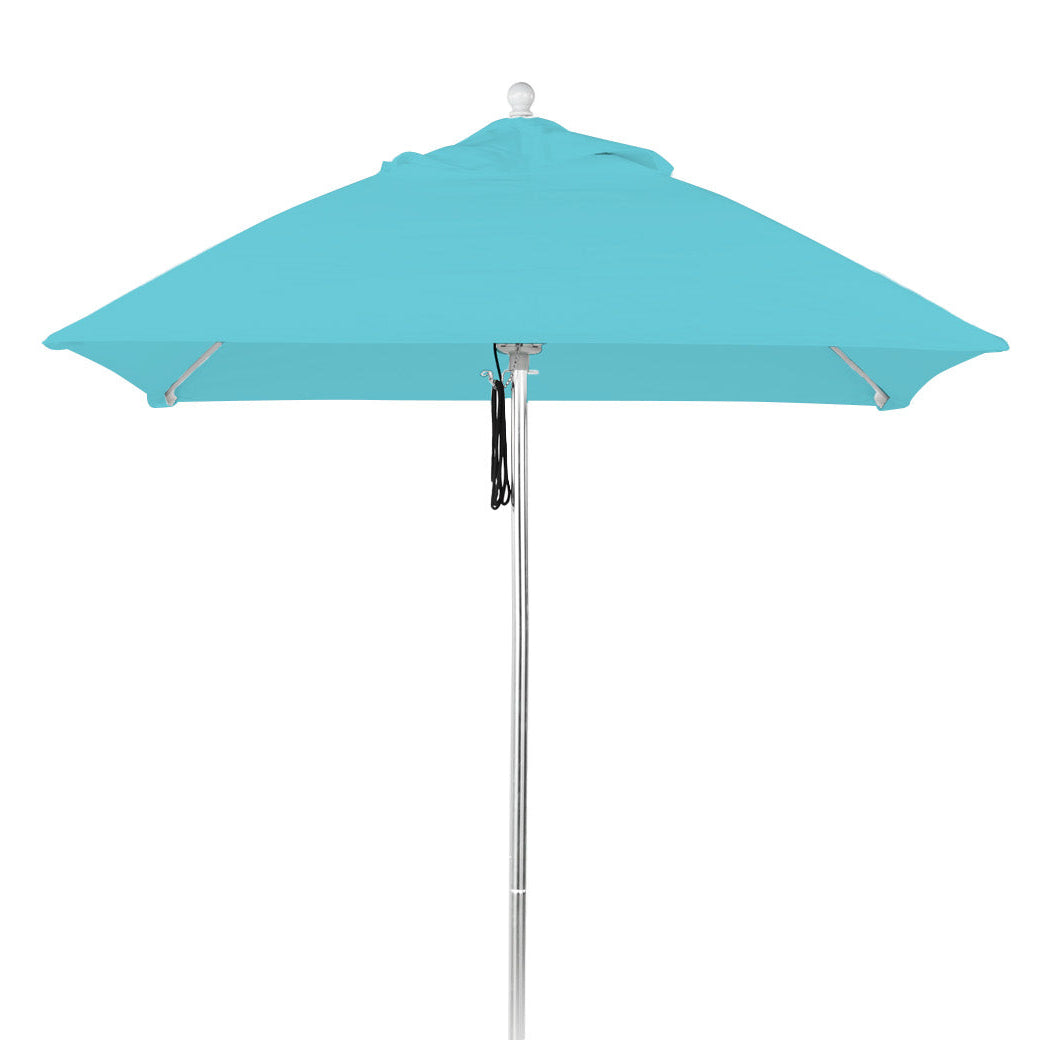 The AquaOutdoors Premium In Pool Umbrella features a blue taut canopy made from durable acrylic fabric, a silver pole, and a pointed top, offering perfect shade against a white background.
