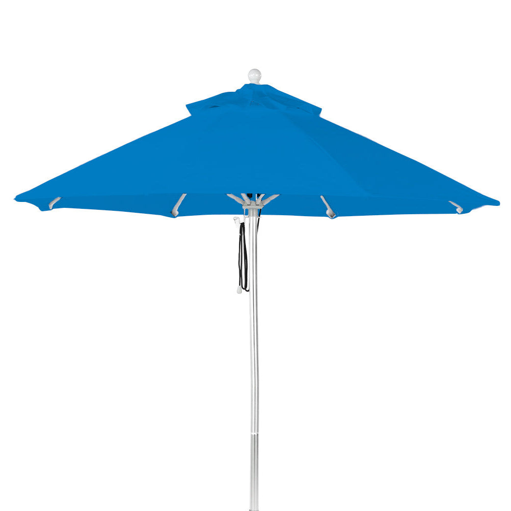 AquaOutdoors Premium In Pool Umbrella, featuring a blue round acrylic canopy and metal pole, is shown against a white background. Open to reveal its eight evenly spaced ribs and crank mechanism, its ideal for shading patios or tanning ledges.