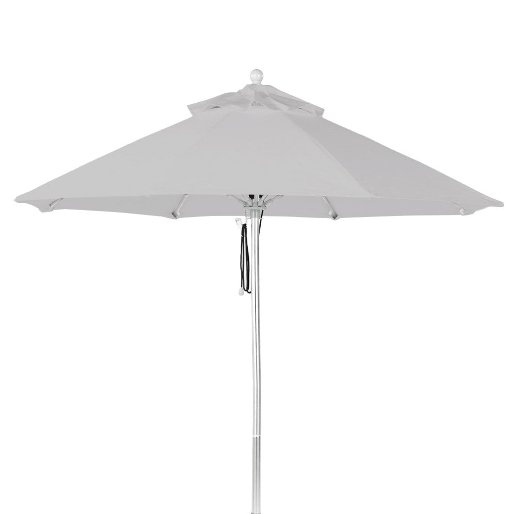 The AquaOutdoors Premium In Pool Umbrella, open with a simple design, has a large gray vented acrylic canopy for airflow and a straight metal pole. A black tie hangs under the canopy, likely for securing it when closed—perfect for shading your tanning ledge.
