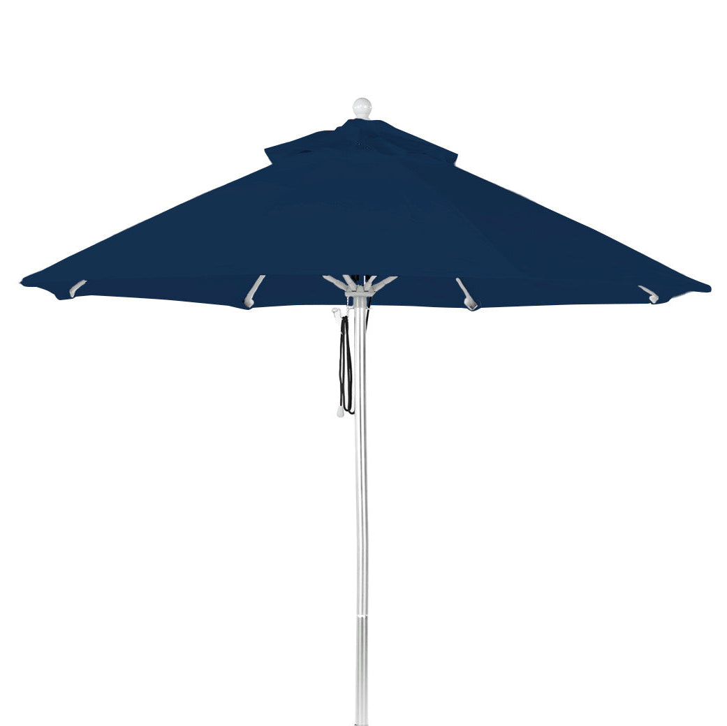 The Premium In Pool Umbrella by AquaOutdoors has a dark blue top with a silver pole, shown open at an angle. Fully extended, it features a vent and central ties. Crafted from durable acrylic fabric, its presented against a plain white backdrop.
