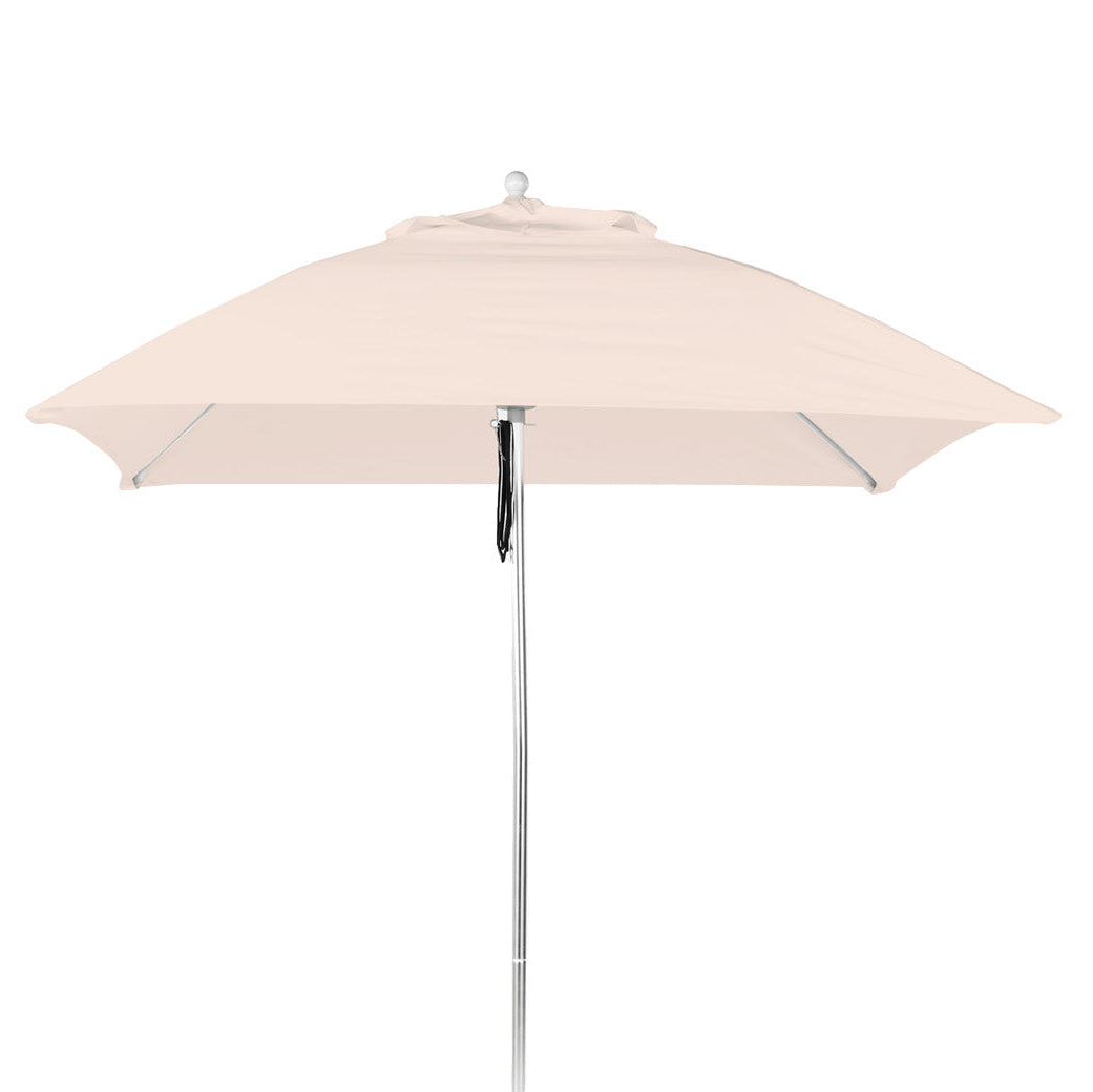 Viewed from below, the AquaOutdoors Premium In Pool Umbrella features an open beige square canopy made of durable acrylic fabric on a sleek silver pole, beautifully centered with a white background.