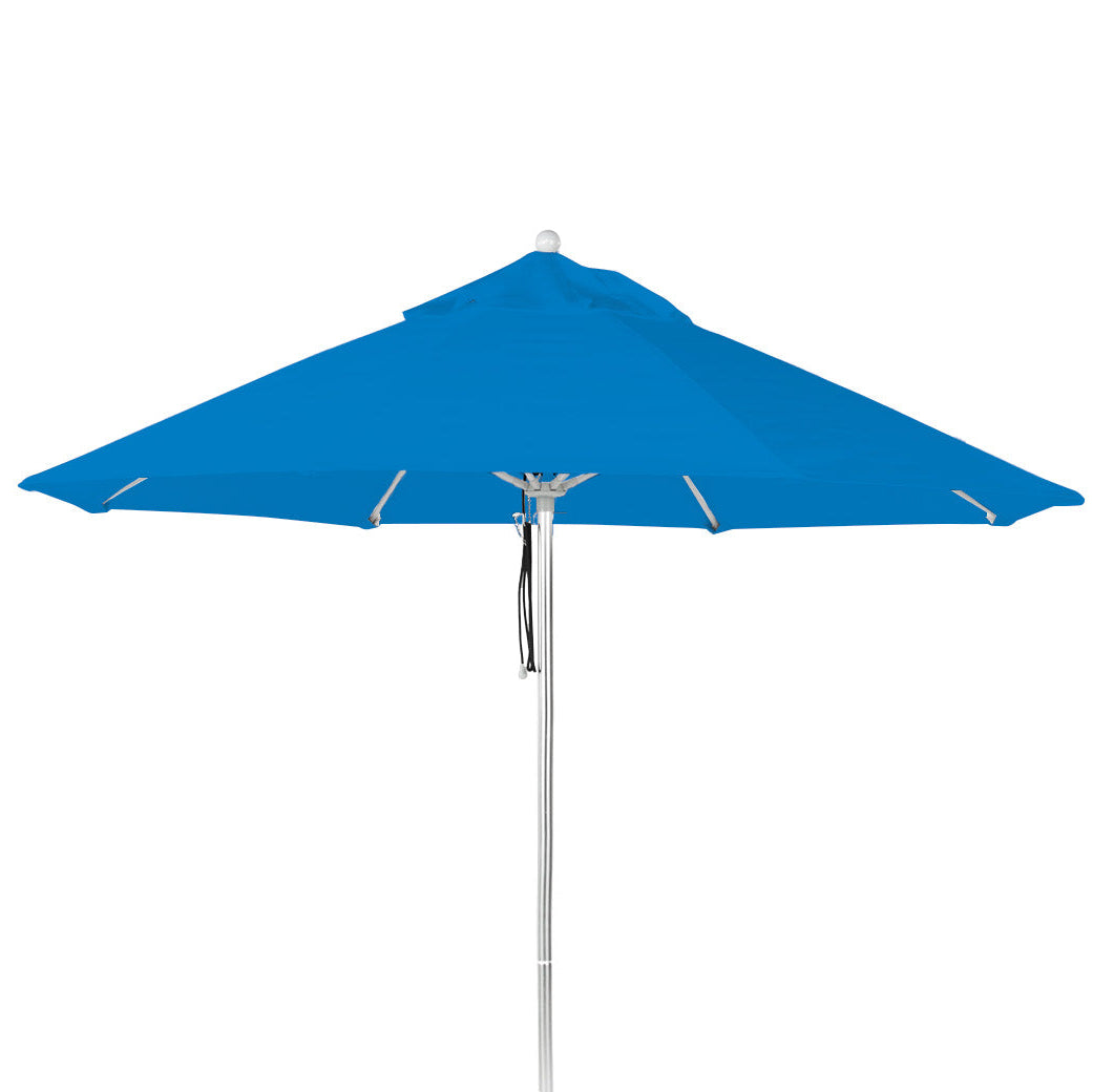 The AquaOutdoors Premium In Pool Umbrella, featuring durable blue acrylic fabric and a sleek silver pole, is perfectly displayed against a white background. It adds style and shade to any patio or tanning ledge.