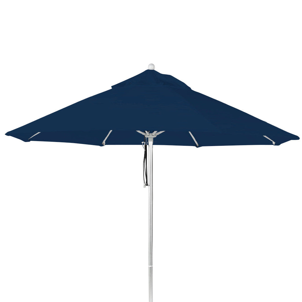 The AquaOutdoors Premium In Pool Umbrella features a circular blue canopy made from durable acrylic fabric, supported by a silver pole and multiple ribs, making it ideal for outdoor use on the tanning ledge.