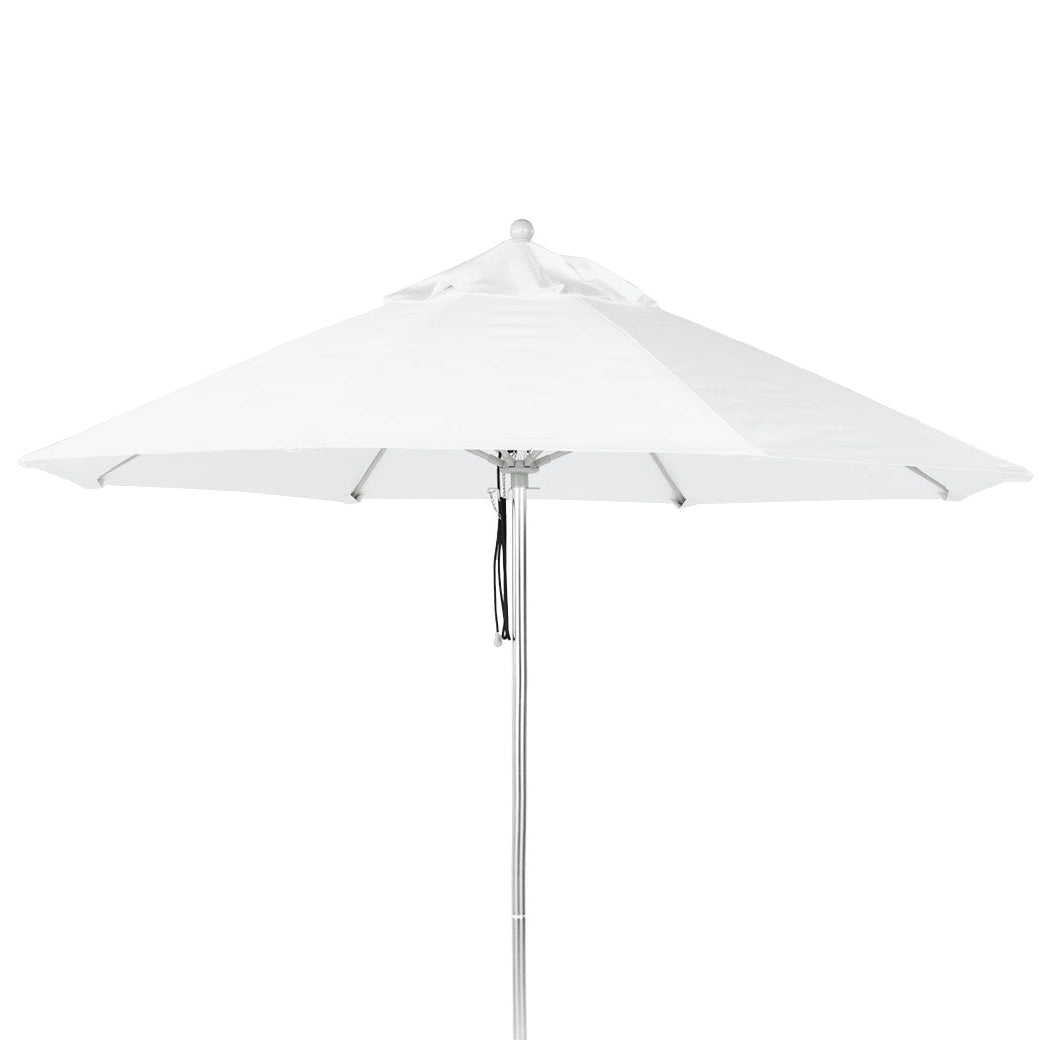 AquaOutdoors Premium In Pool Umbrella, featuring a white acrylic canopy with a stainless steel pole, stands fully open against a white background. Its perfect for tanning ledges and includes a vented top for optimal airflow.