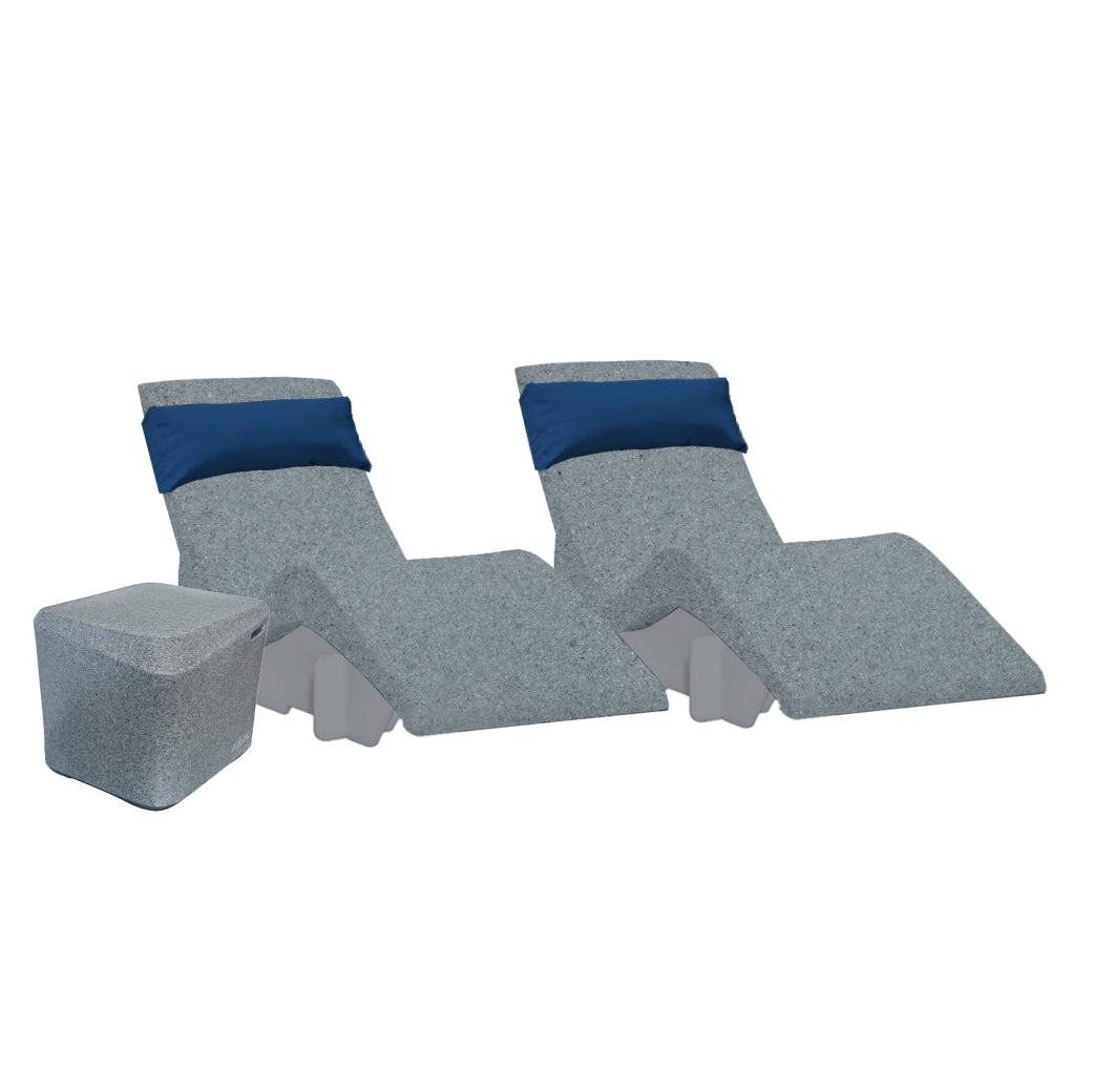 The AquaOutdoors Chaise Deep Ledge Bundle features two gray reclining chaise loungers with blue cushions and a matching gray cube-shaped side table, set against a white background—perfect for your tanning shelf.