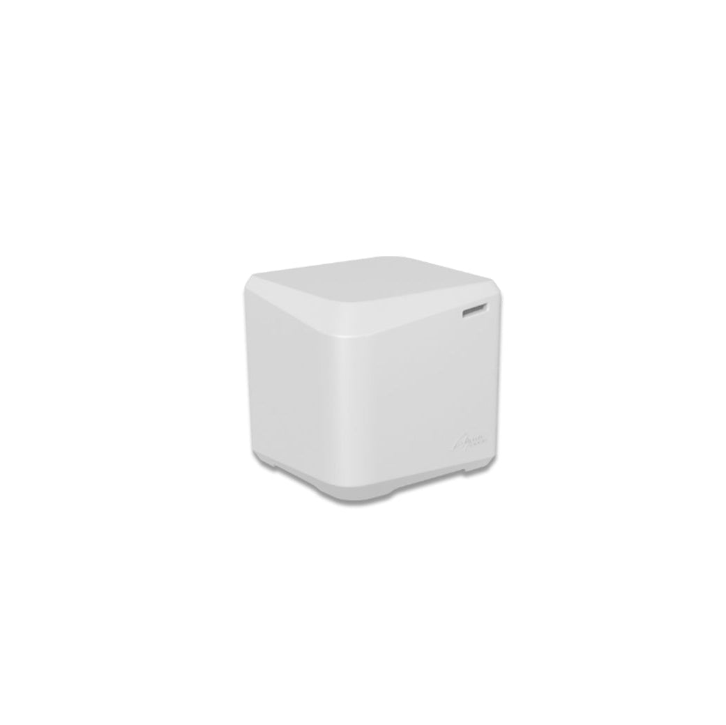 The AquaOutdoors In Pool Table Small is a compact, white, cube-shaped table with rounded edges and a subtle logo—ideal as a modern shelf for your pool, shown against a plain white background.