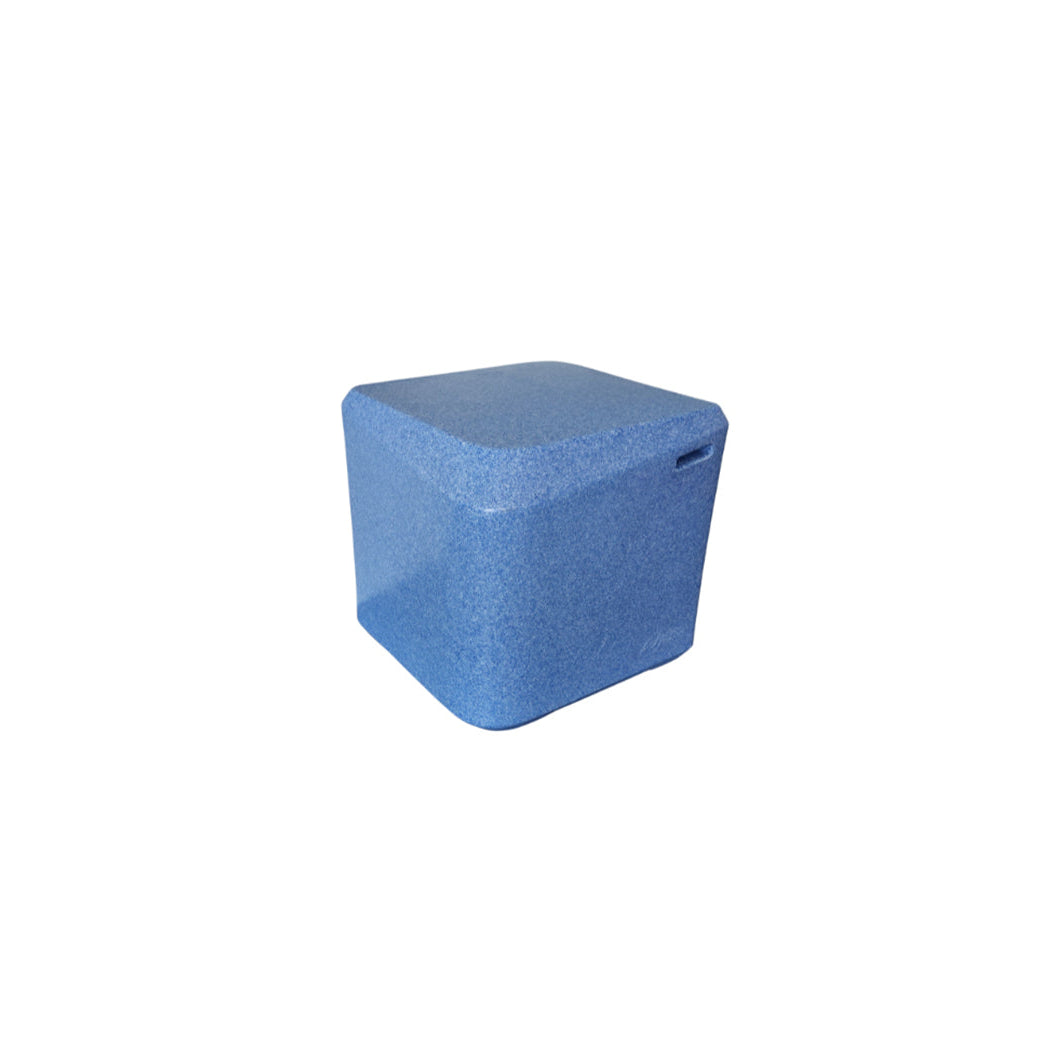 The AquaOutdoors In Pool Table Small is a blue, square foam pool ledge table with rounded edges and a handle slot, ideal as a side table for lounge chairs, shown against a white background.