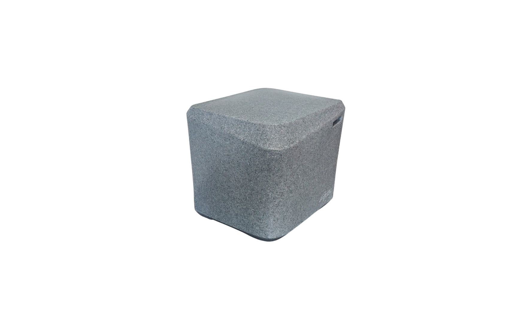 A gray fabric cube ottoman with rounded edges is set against a white background, perfectly complementing the AquaOutdoors In Pool Table for a seamless blend of style and function.