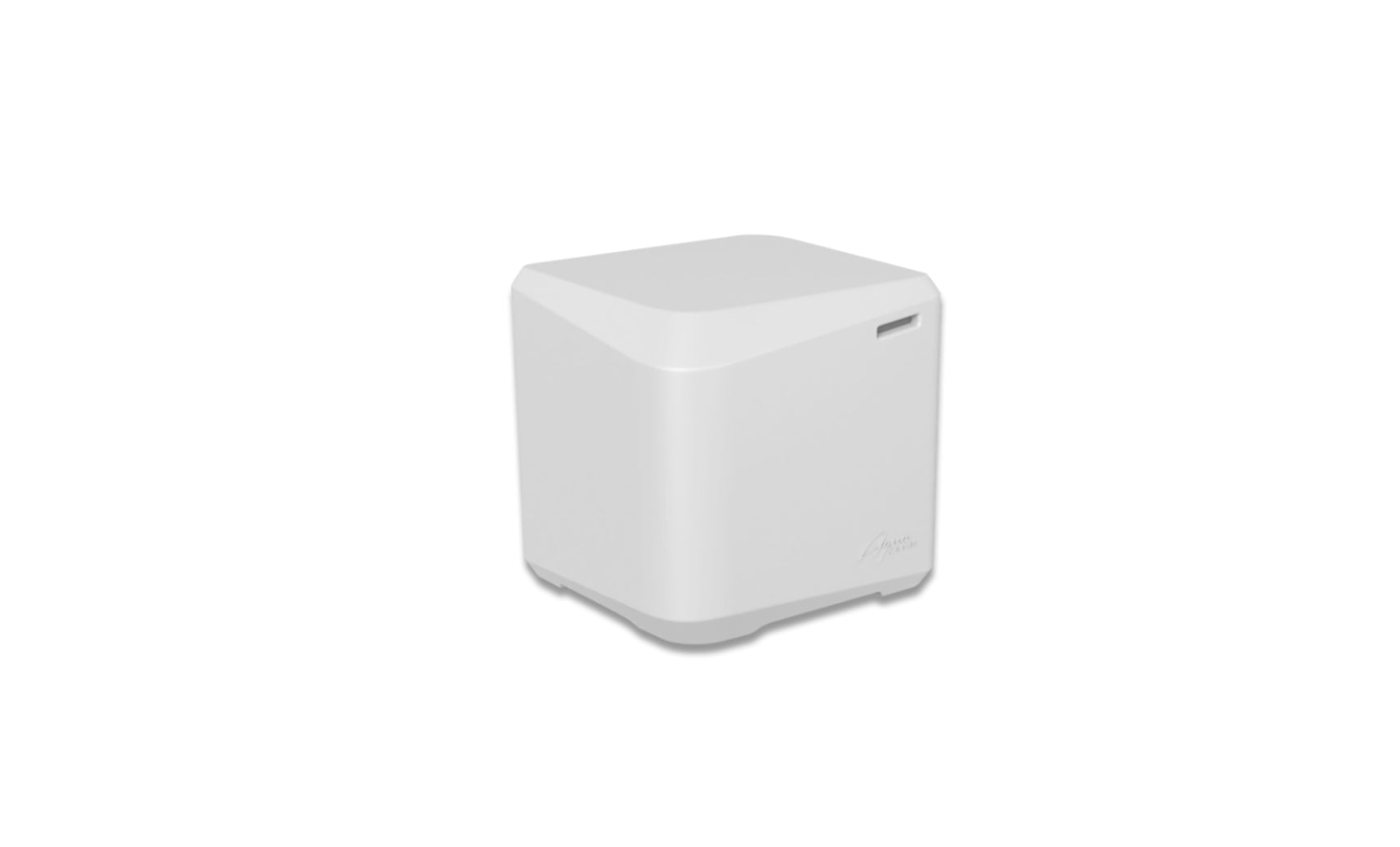 A small, white, cube-shaped wireless router with smooth edges sits on an AquaOutdoors In Pool Table. The device features a subtle logo and a slot near the top corner, blending seamlessly into the minimalistic setting.
