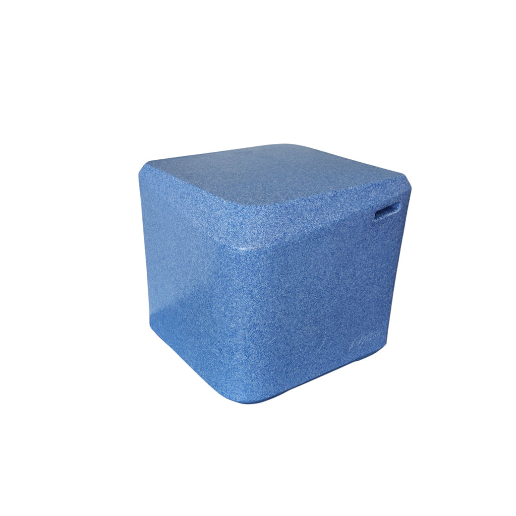 The AquaOutdoors In Pool Table is a blue, cube-shaped foam block with a textured surface and a small handle-like groove on one side, perfect for adding comfort or style to your pool ledge.